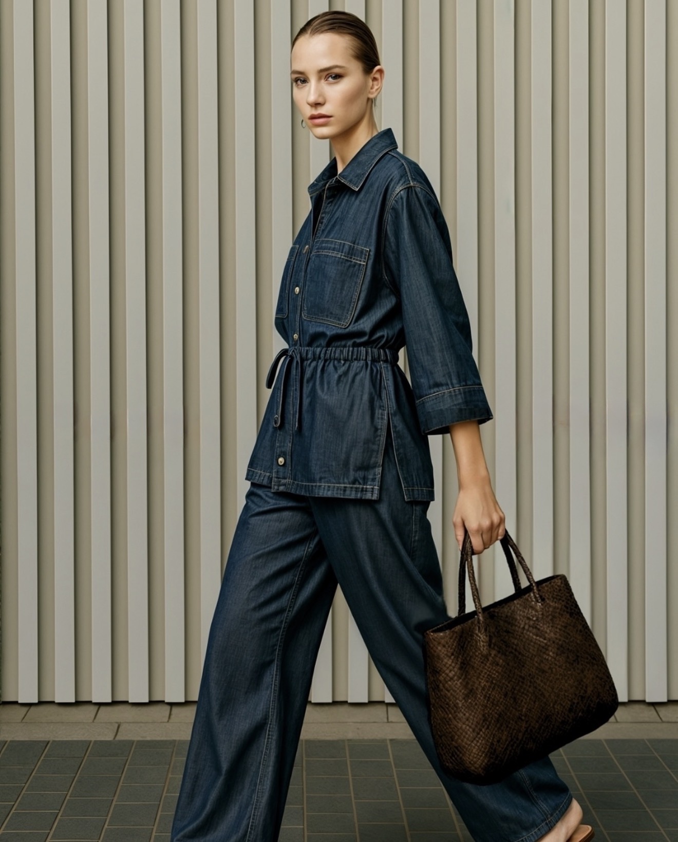 Model in denim ensemble, editorial portret